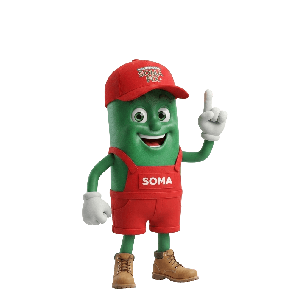SOMA, a SomaFix kabalafigurája - a márka flakonjából formált zöld karakter piros sapkában és kertésznadrágban