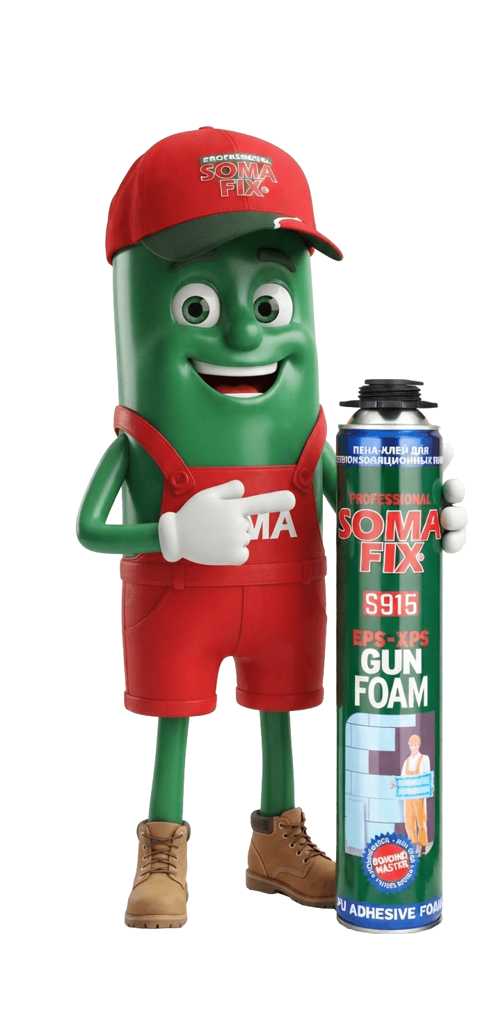 SOMA a SomaFix S915 EPS-XPS Gun Foam ragasztóhab flakonjára mutatva