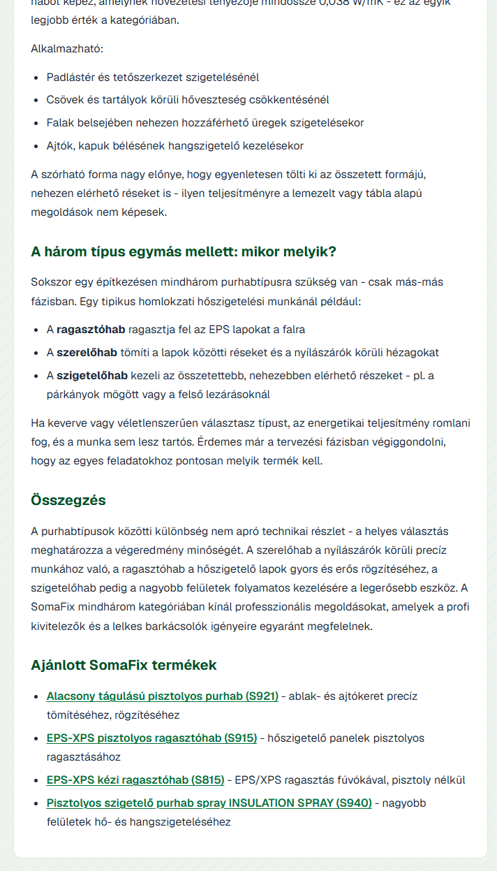 Egy szakcikk vége: alcímek, felsorolások, Összegzés szakasz és az Ajánlott SomaFix termékek lista kattintható linkekkel