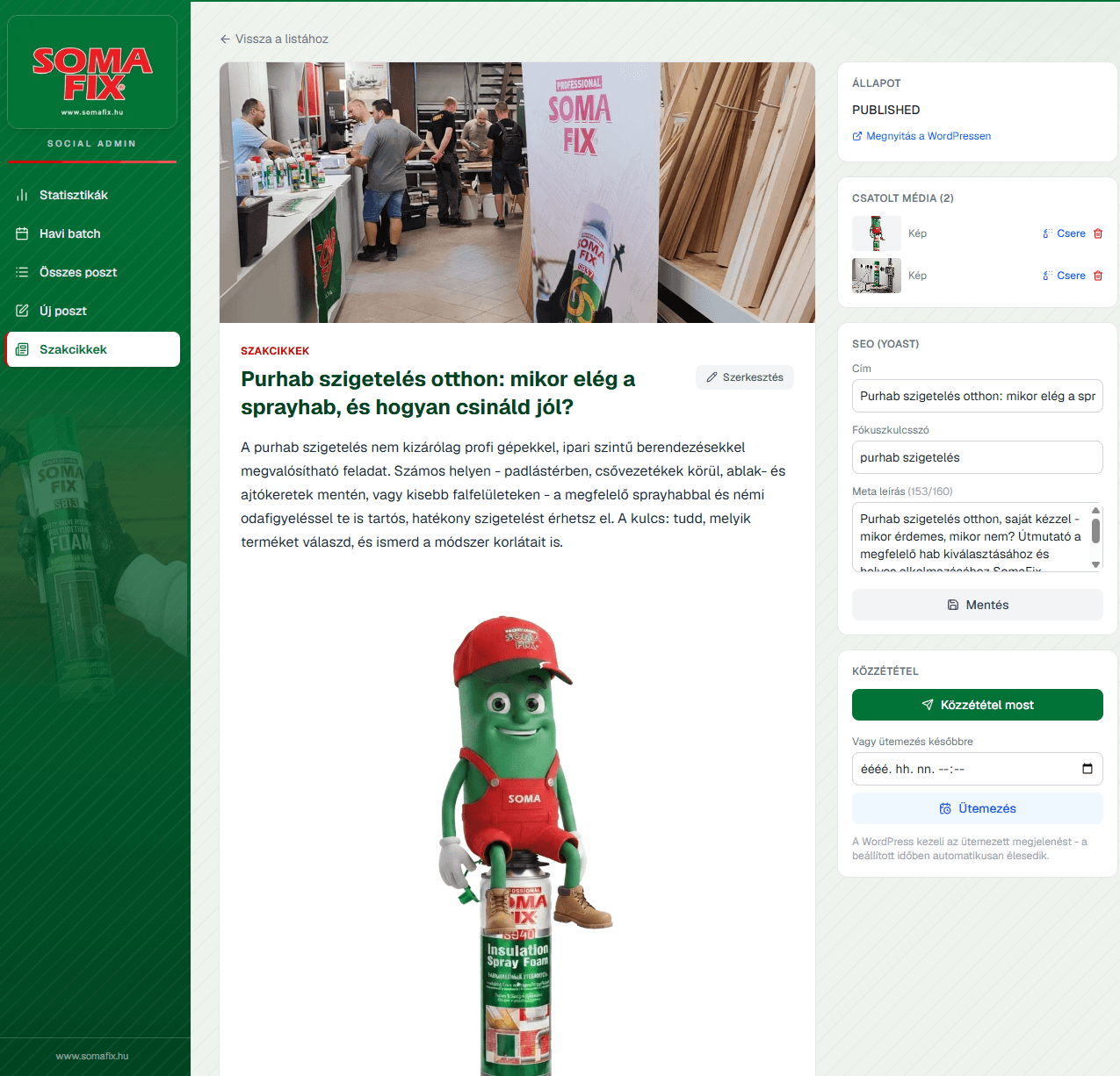 Egy megjelent cikk PUBLISHED státusszal, a törzsében a SOMA kabalafigurával az S940 flakonon