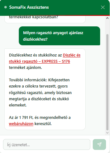 A chatbot díszléc-ragasztót ajánl kattintható linkkel és árral