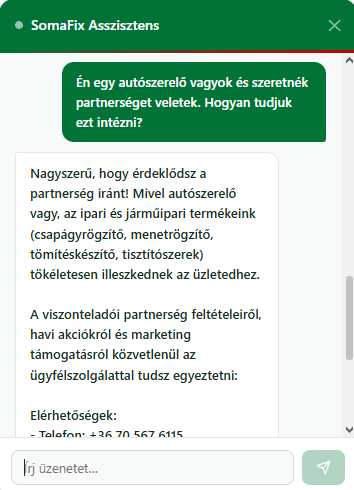 A chatbot egy viszonteladói partnerség iránti érdeklődést kezel