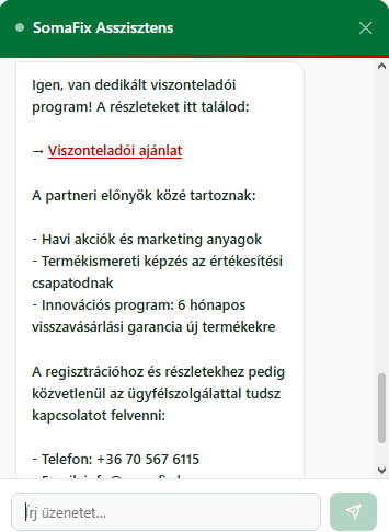 A chatbot a viszonteladói programról ad tájékoztatást linkkel és elérhetőségekkel